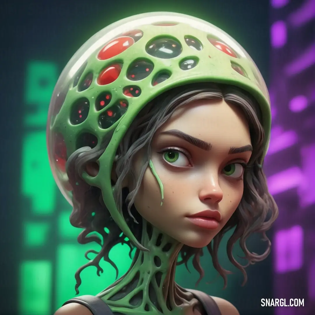 A woman adorned with a striking green helmet stands confidently, a modern building rising majestically behind her. This visual speaks to innovation and strength, framed against a backdrop of urban architecture and vibrant colors.