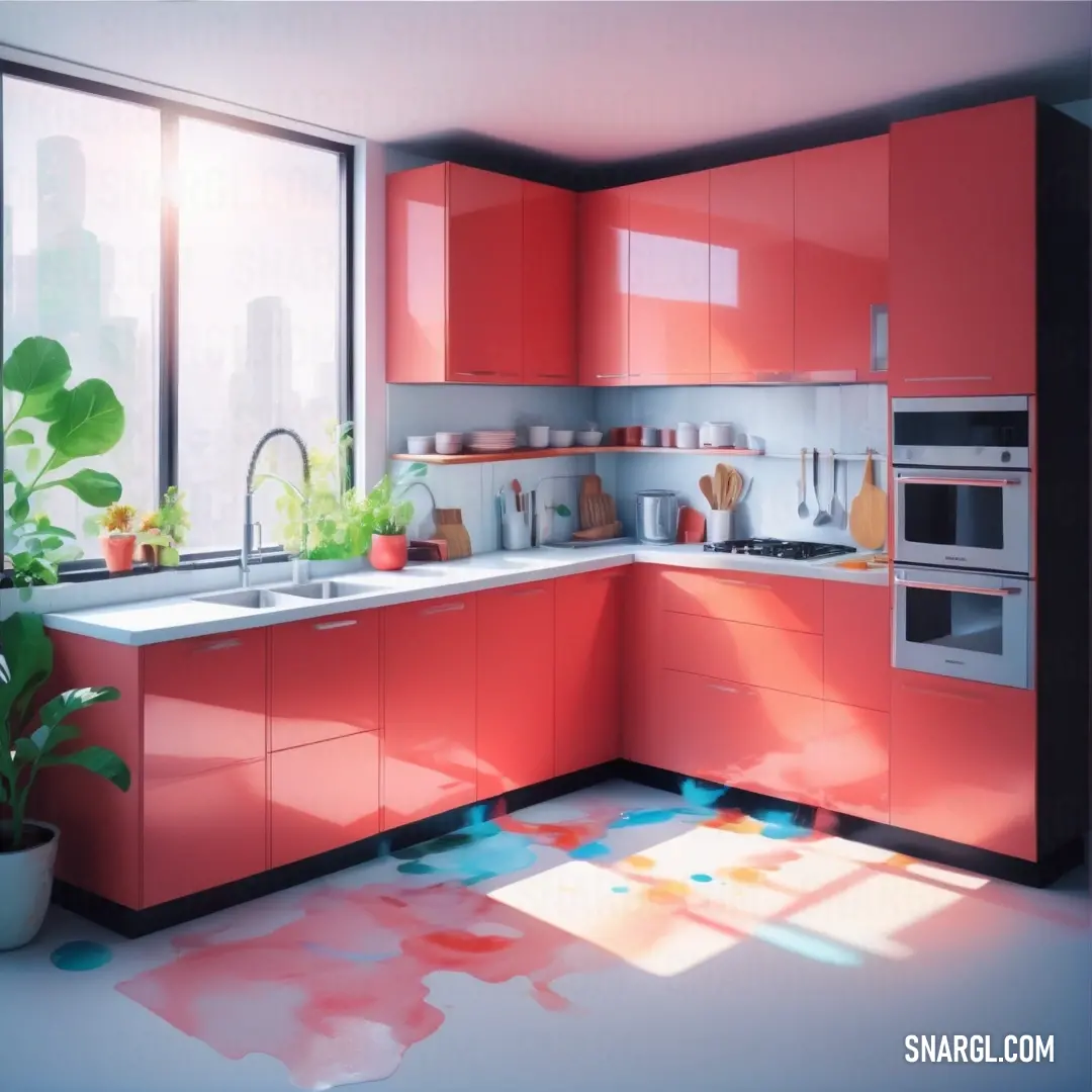 Carmine pink color. Kitchen with a sink, oven and a window with a city view in the background