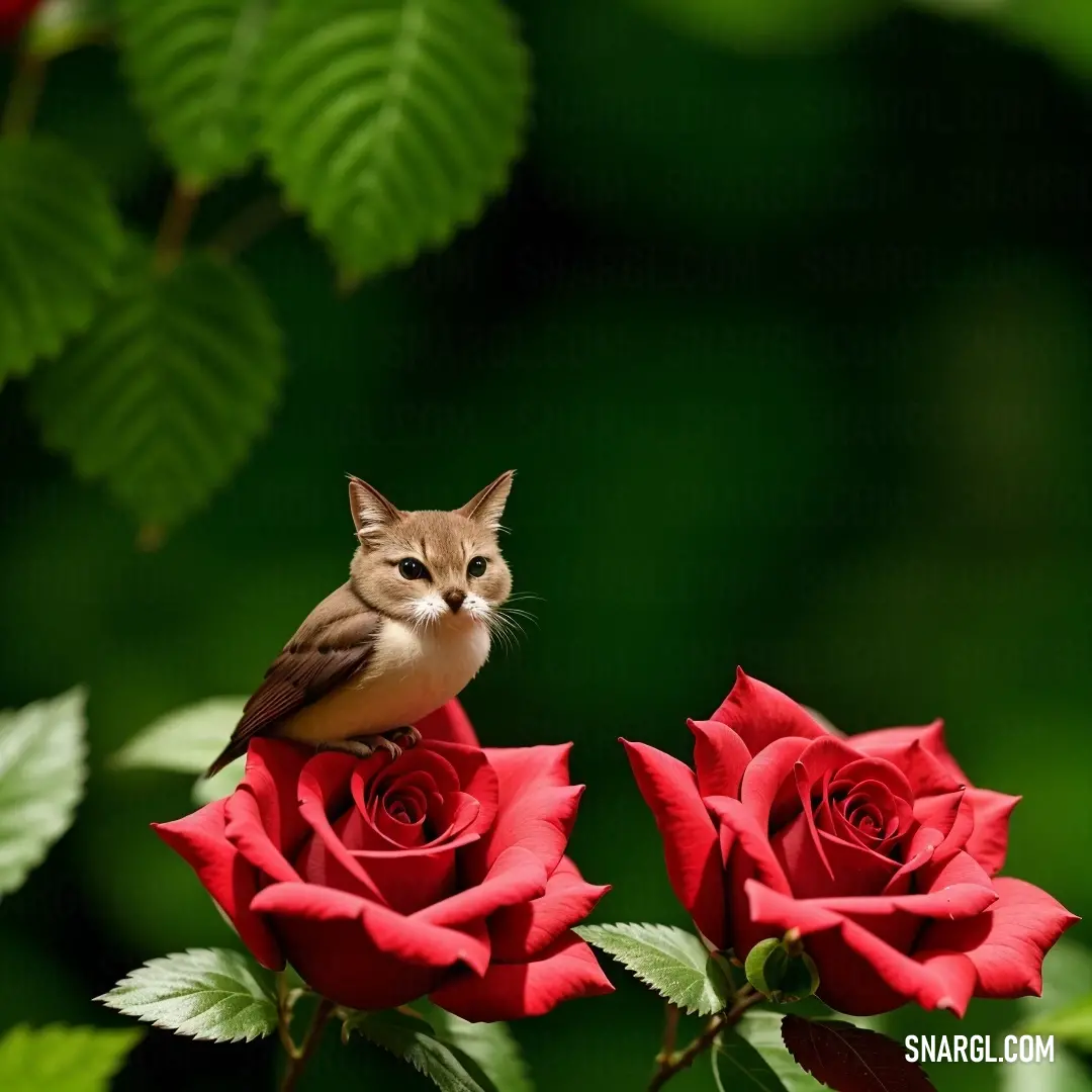 Cat on top of a red rose with leaves around it and a green background behind it