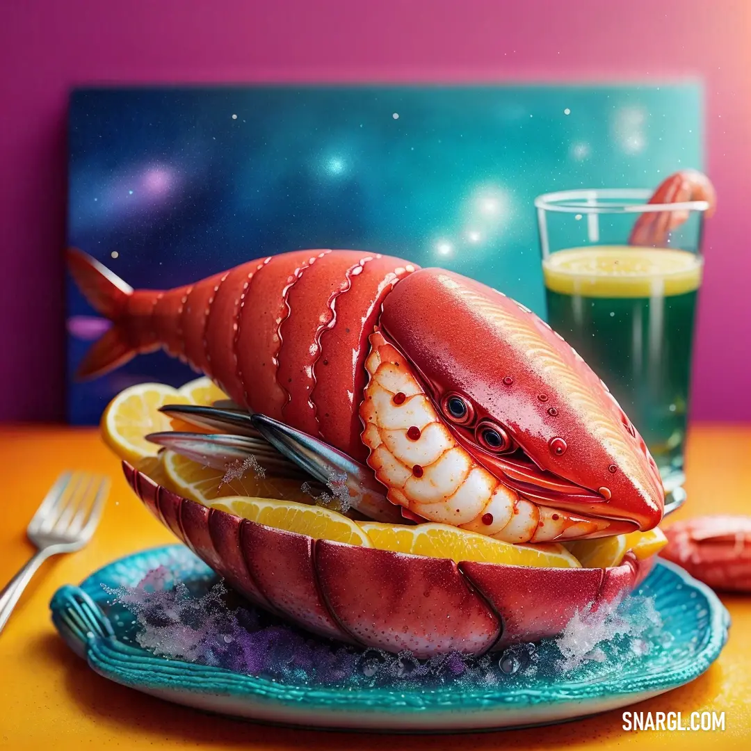 Lobster is on a plate with a glass of juice and a fork on the table next to it