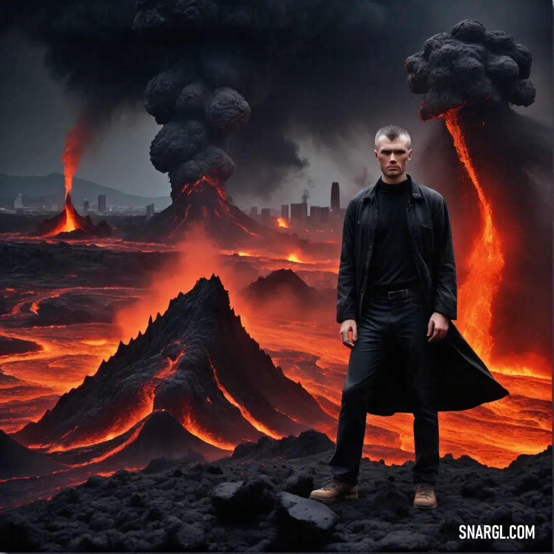 Man standing in front of a volcano with lava in the background
