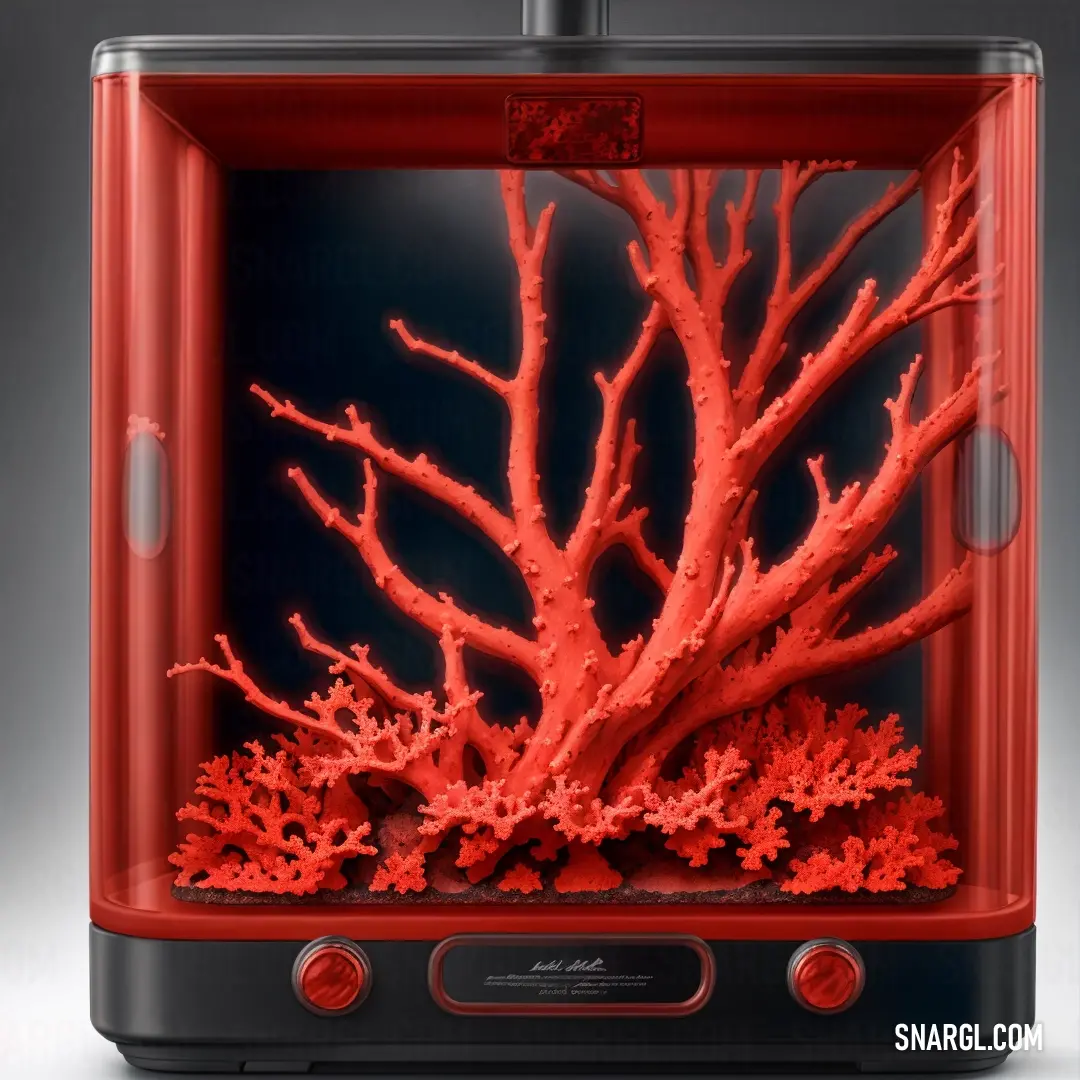 Red coral in a black box with a black background and a red frame around it is a black background