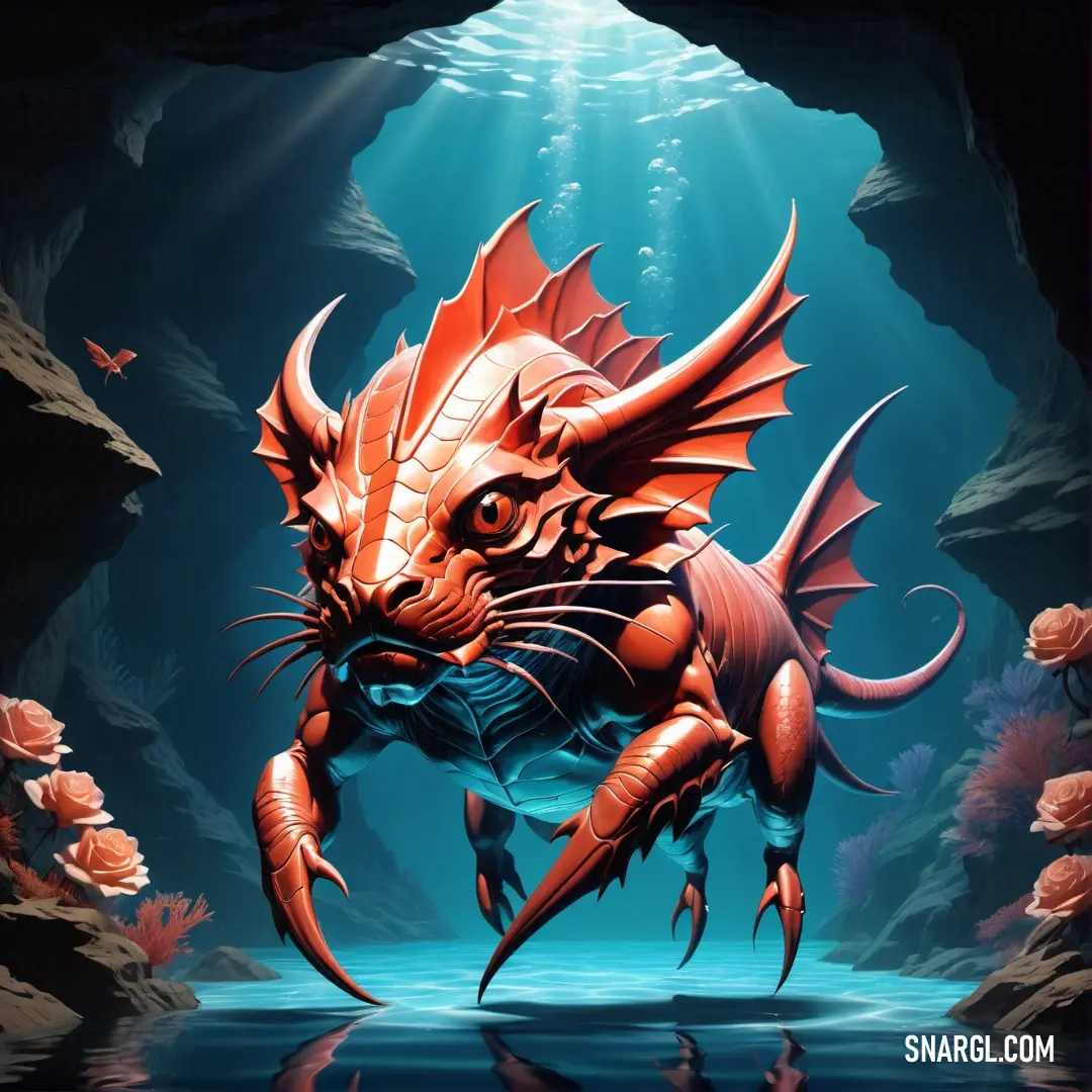Carmine pink color example: Red dragon is swimming in a cave with a fish in its mouth