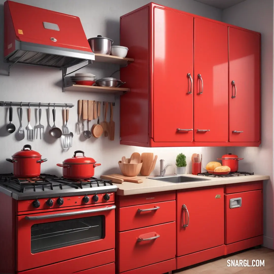 Red kitchen with a stove and red cabinets and pots and pans on the wall. Example of #EB4C42 color.