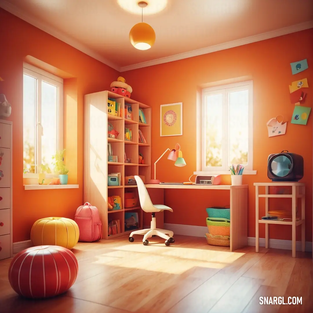 Room with a desk, chair and a book shelf in it with a window and a lamp. Example of CMYK 0,68,72,8 color.