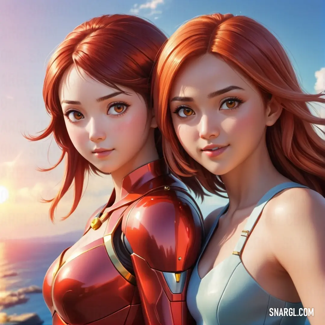 Two women in futuristic clothing standing next to each other with a sunset in the background and a body of water behind them