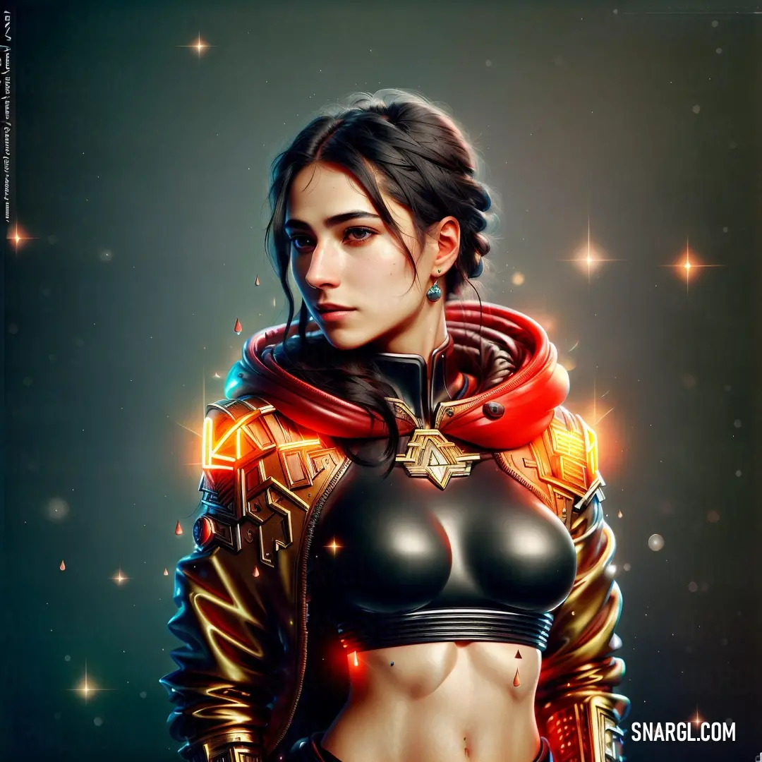 Woman in a leather outfit with a red scarf around her neck and a star on her chest