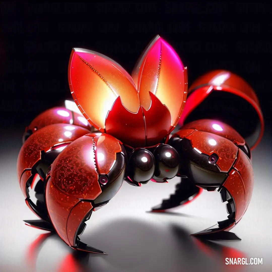 Red and black crab with a red flower on its back legs and a black background with a white spot