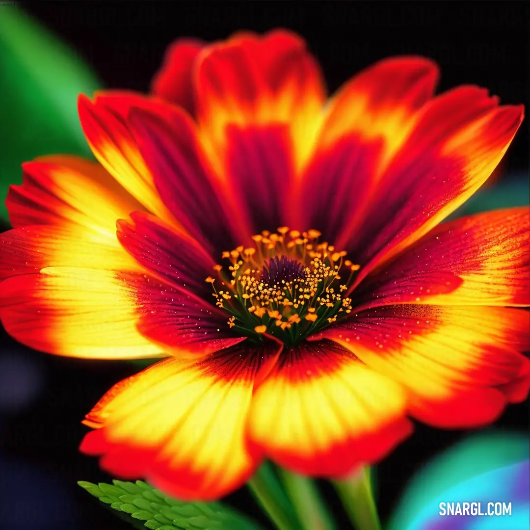 Red and yellow flower with green leaves in the background