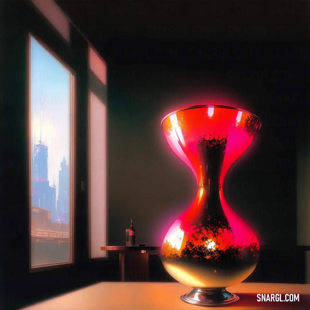 Vase with a red and yellow liquid inside of it on a table next to a window with a city view