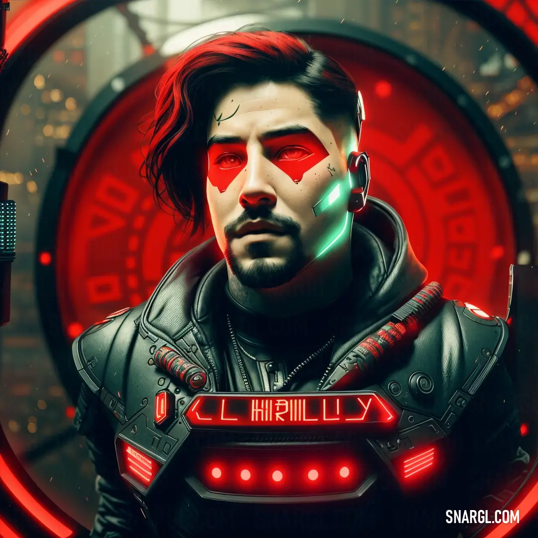 Man with a futuristic look and a neon red light on his face in a futuristic setting