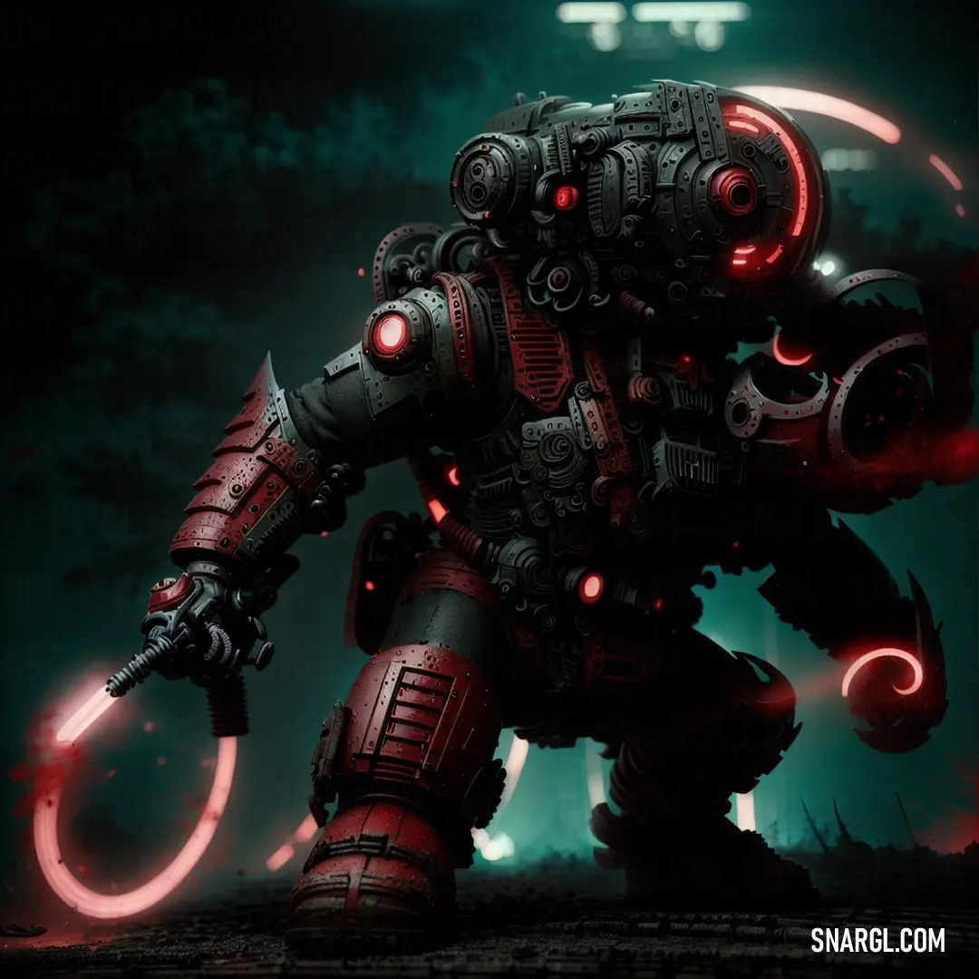 Sci - fi character in a dark background with red lights and a circular object in the foreground