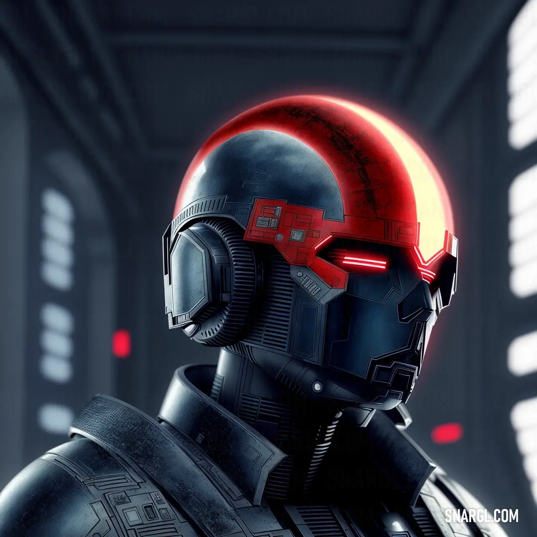 Star wars character in a helmet with a red light on his face