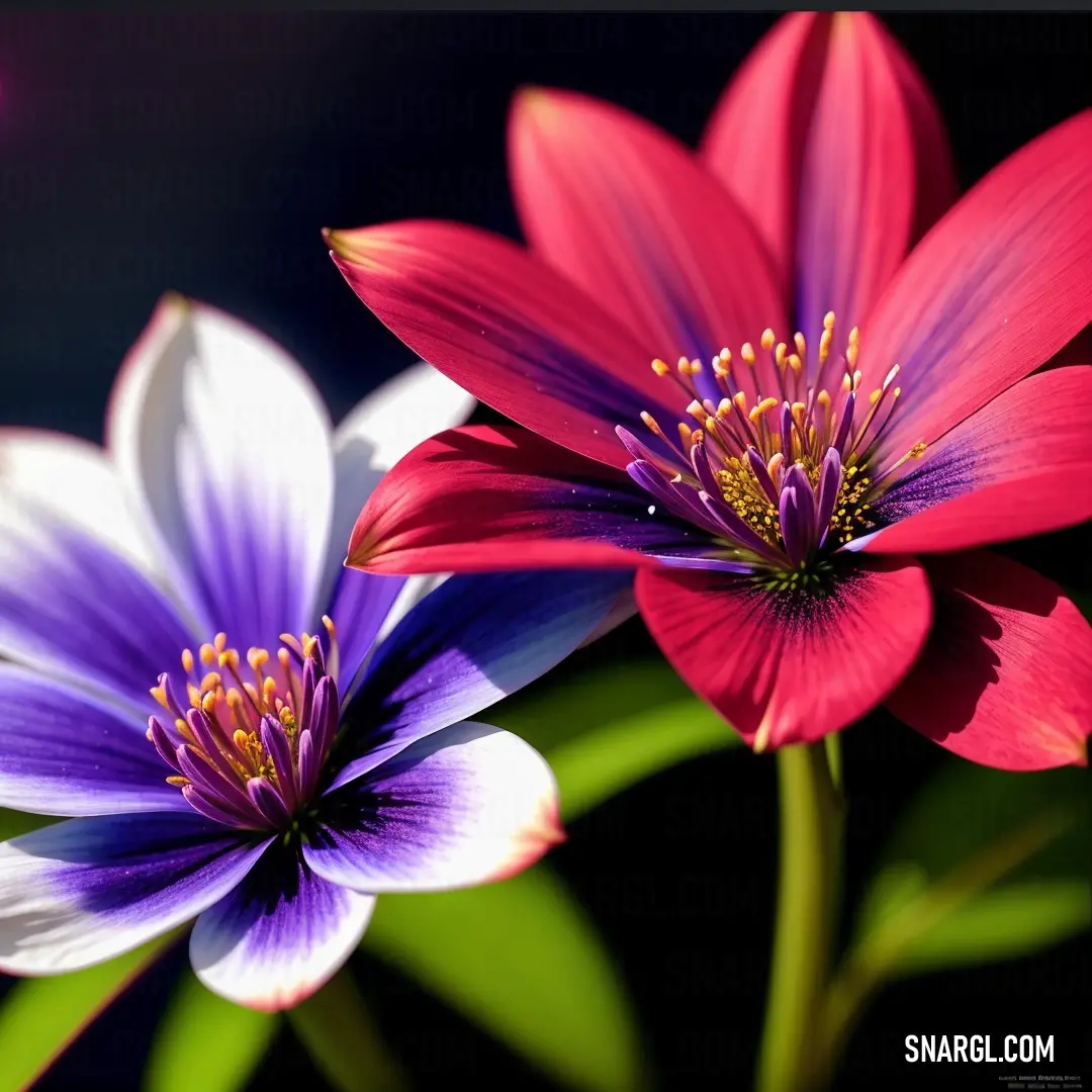 Two colorful flowers with green stems in the foreground and a blue and pink flower in the background with a black background