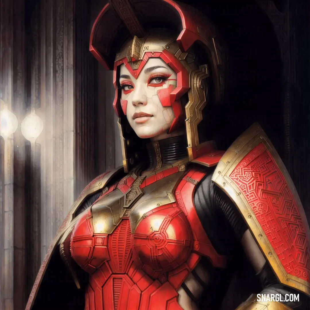 Woman in a red and gold costume with horns and horns on her head