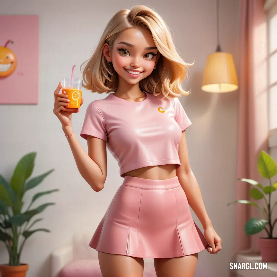 Cartoon girl holding a drink and a cell phone in her hand. Example of #FFA6C9 color.