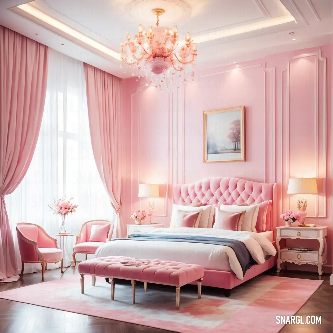 Pink bedroom with a chandelier and a bed with a pink headboard and foot board. Example of CMYK 0,35,21,0 color.