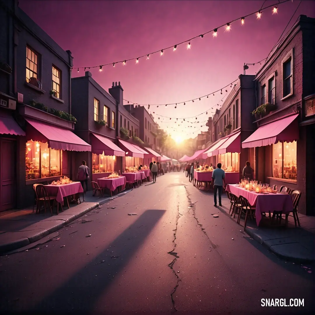 Carnation pink color example: Street with tables and chairs and a string of lights strung over it and people walking down the street