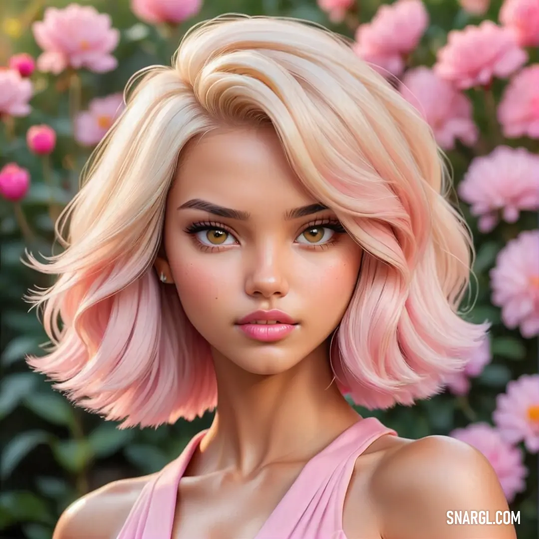 Woman with blonde hair and pink dress in front of flowers and pink flowers. Example of Carnation pink color.