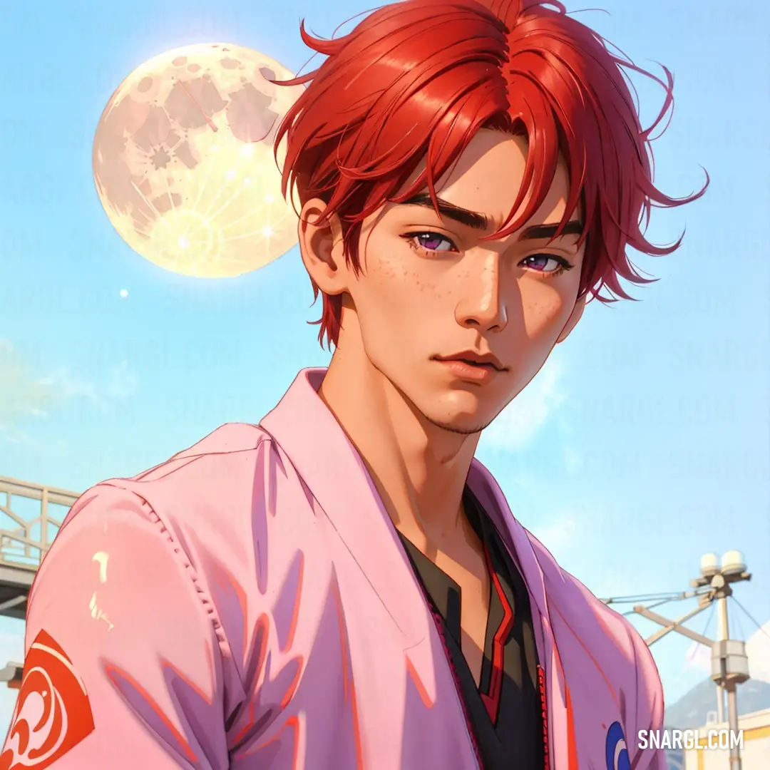 Man with red hair and a pink jacket standing in front of a full moon and a bridge in the background