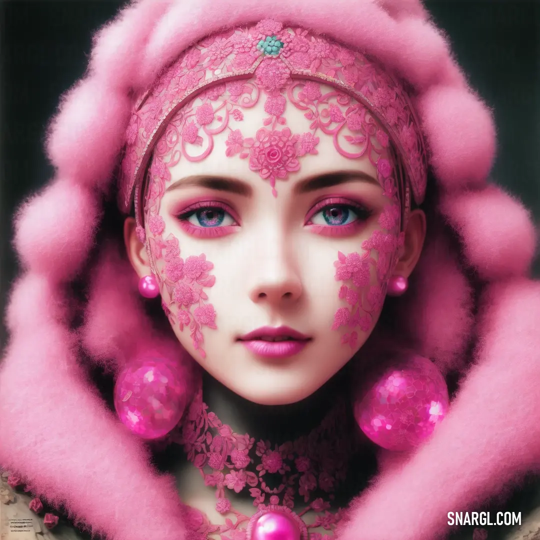 Mannequin with a pink fur coat and pink accessories on it's head and a pink scarf around her neck