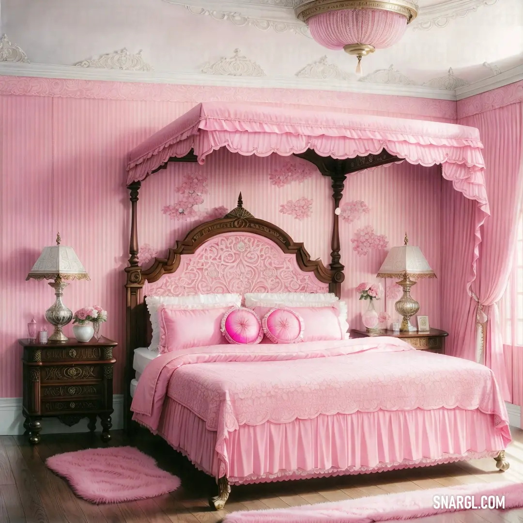 Pink bedroom with a canopy bed and pink rugs on the floor