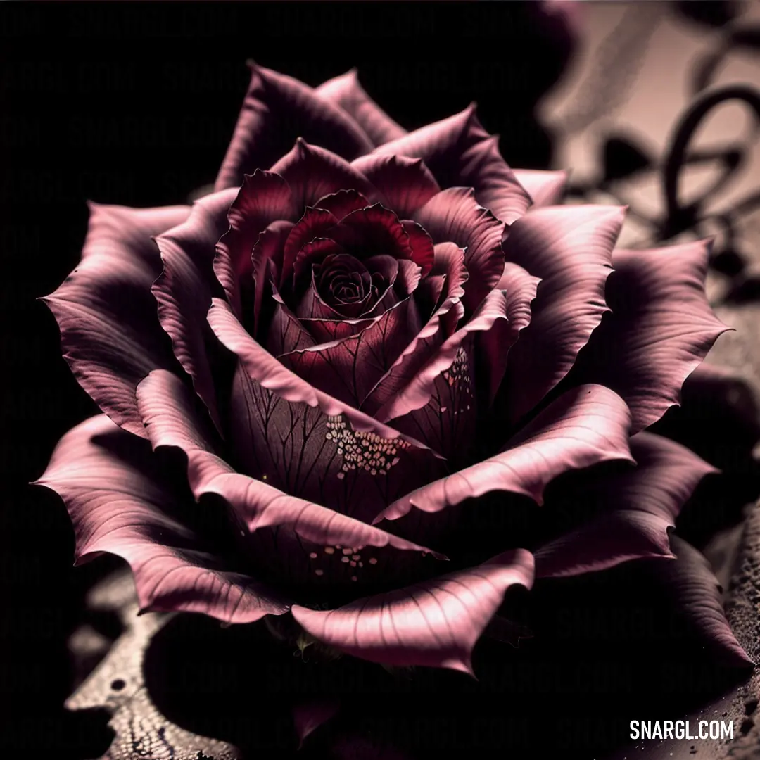 Pink rose is on a lace tablecloth with a black background and a black and white border
