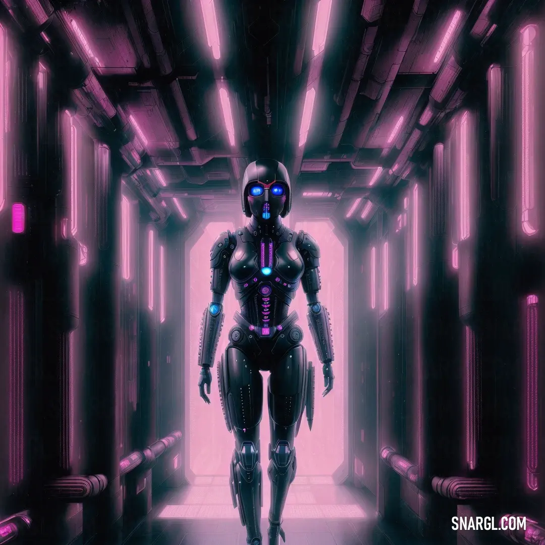 Robot walks through a tunnel in a futuristic setting with neon lights on the walls