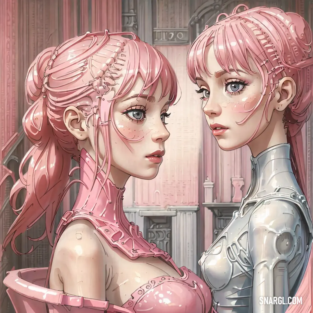 Two women with pink hair and pink hair are facing each other in a pink room with pink walls. Example of #FFA6C9 color.