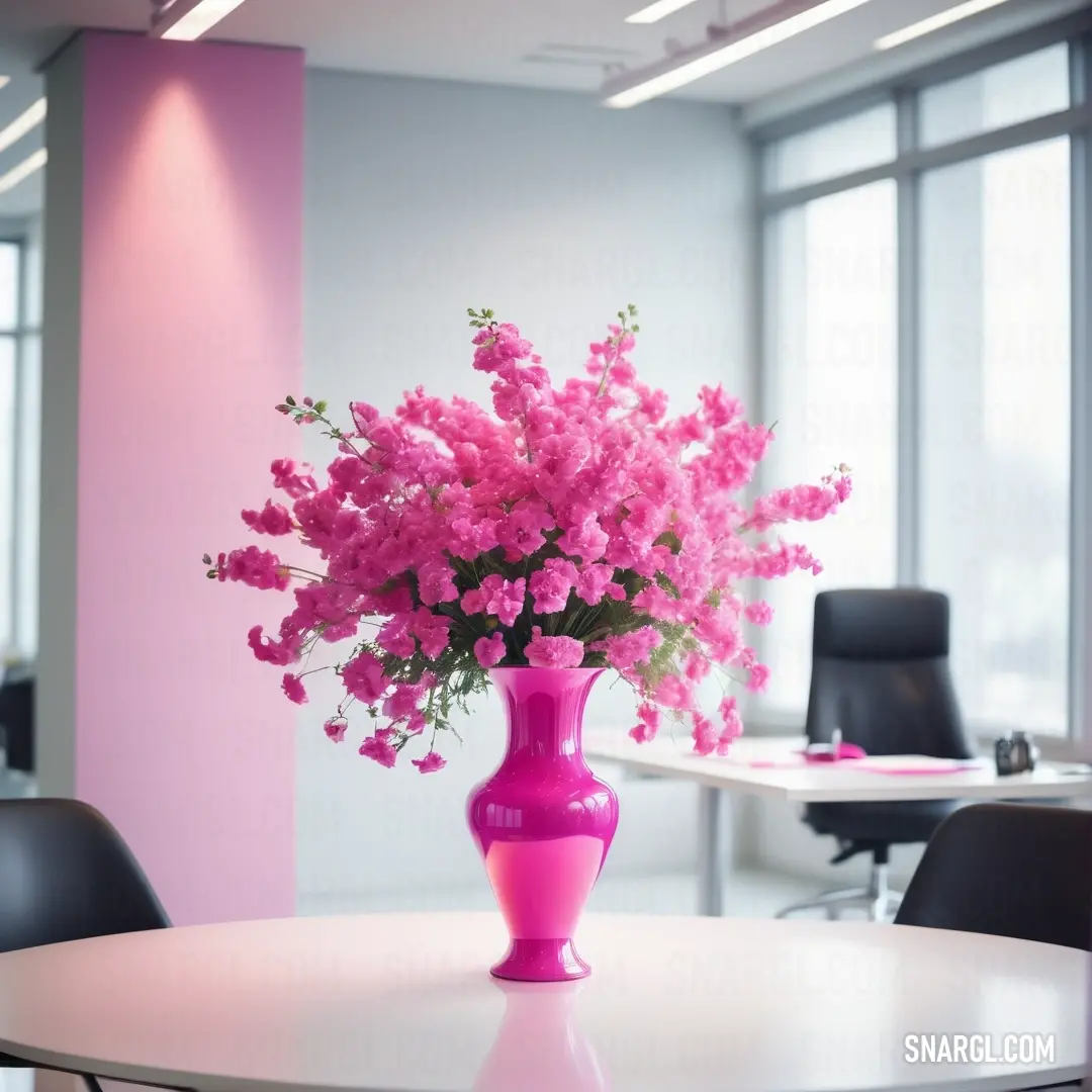 Vase of pink flowers on a table in an office setting with a pink wall and black chairs in the background. Example of Carnation pink color.