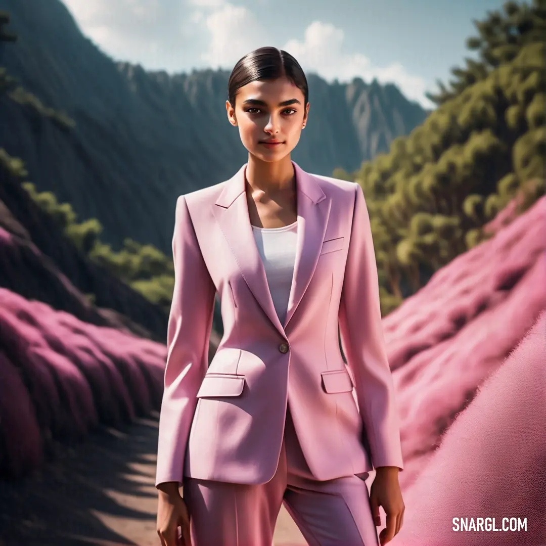Woman in a pink suit standing in front of a painting of a mountain landscape with trees and bushes. Color Carnation pink.