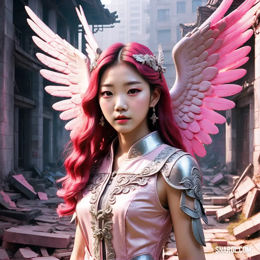 Carnation pink color. Woman with pink hair and wings standing in a ruined building with a city in the background