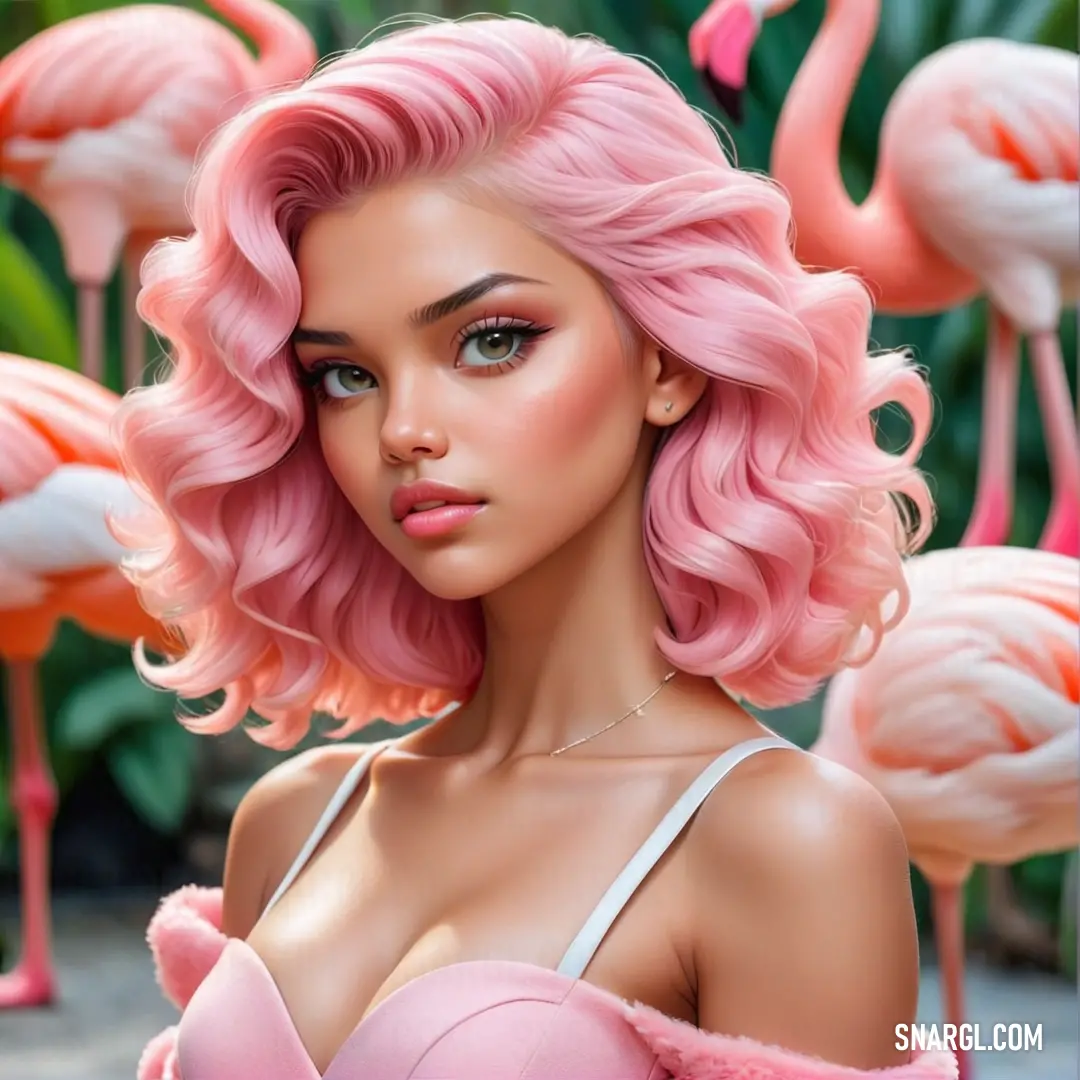 Woman with pink hair and pink flamingos in the background. Color #FFA6C9.