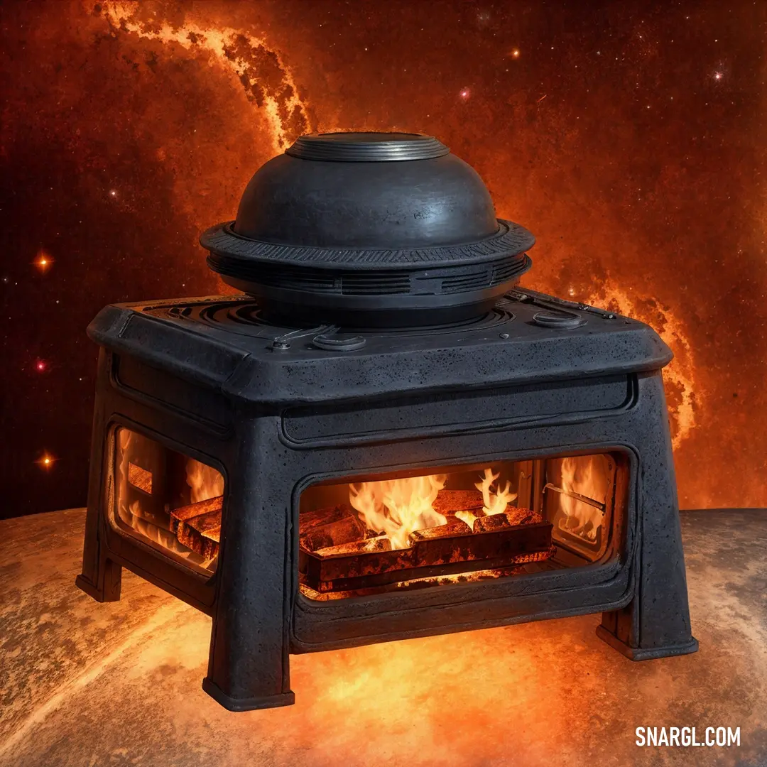 Black stove with a fire inside of it on a table top with a red background and a black object in the middle