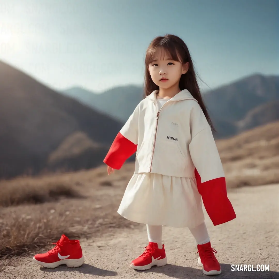 Little girl standing on a dirt road wearing red shoes and a white jacket with red sleeves. Example of Carnelian color.