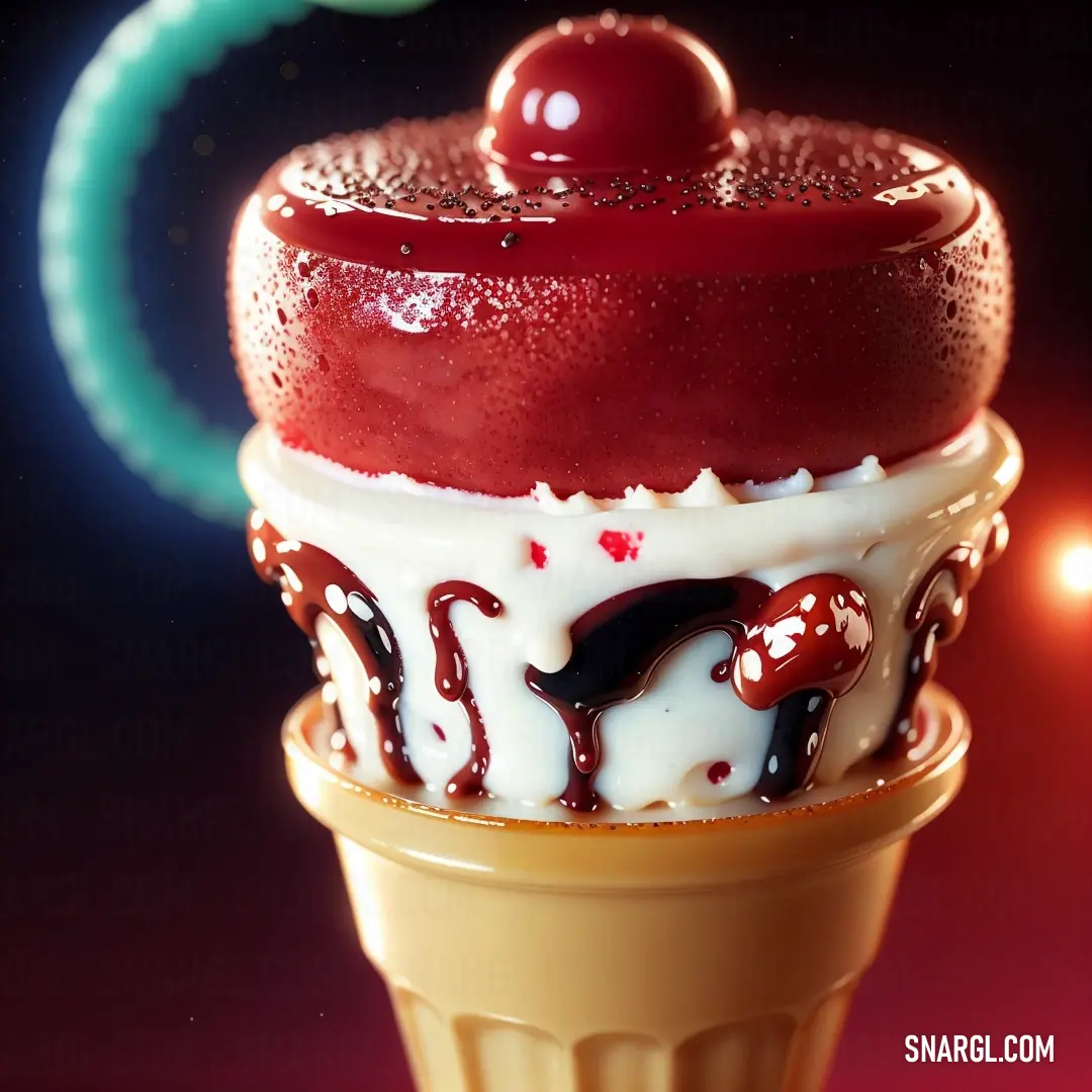 Red and white ice cream cone with a cherry on top of it. Example of Carnelian color.