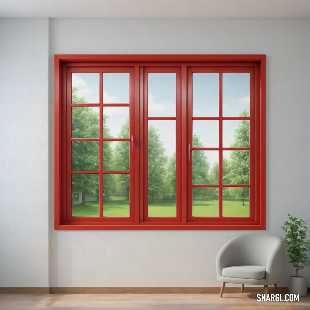 Room with a chair and a window with a view of a park outside of it. Color Carnelian.