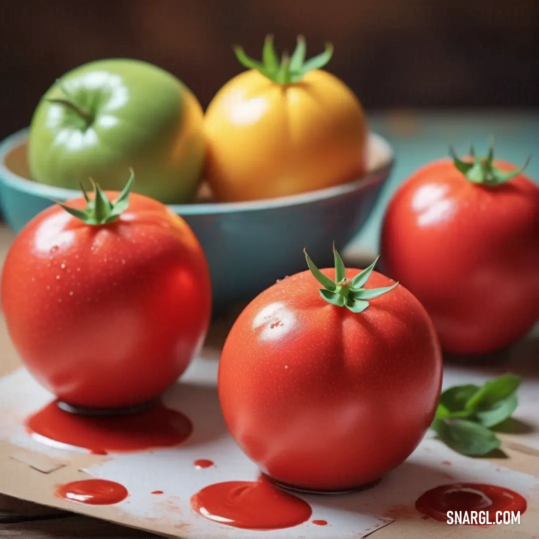 Three tomatoes and two green tomatoes in a bowl on a cutting board with a knife and a spoon on the table. Example of #B31B1B color.