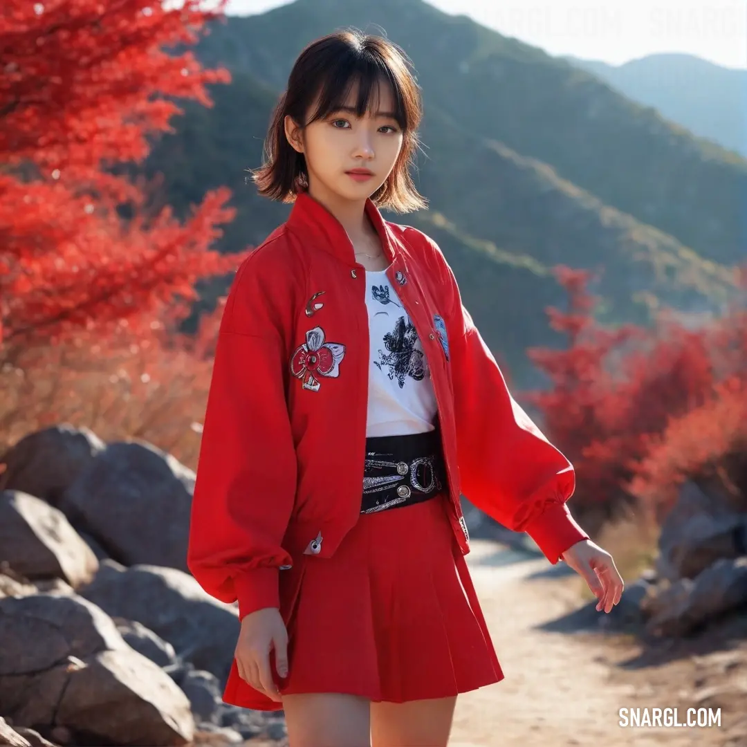 Woman in a red coat and skirt standing on a dirt road near a mountain range. Color RGB 179,27,27.