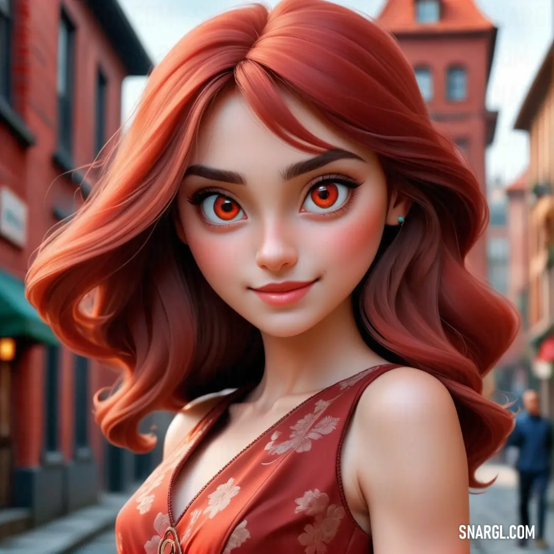 Cartoon girl with red hair and big eyes standing in a street. Example of CMYK 0,85,85,30 color.