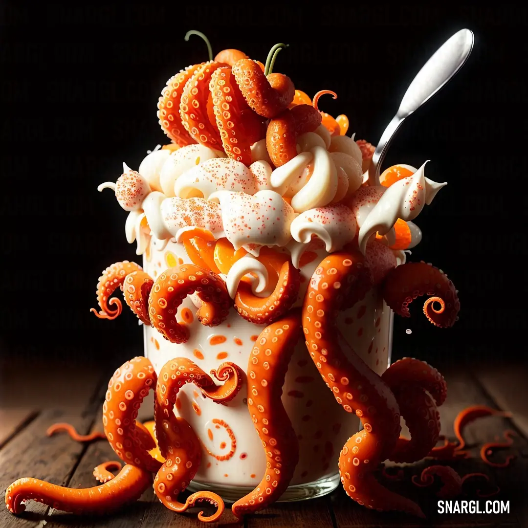 Cupcake with orange and white frosting and octopus decorations on top of it