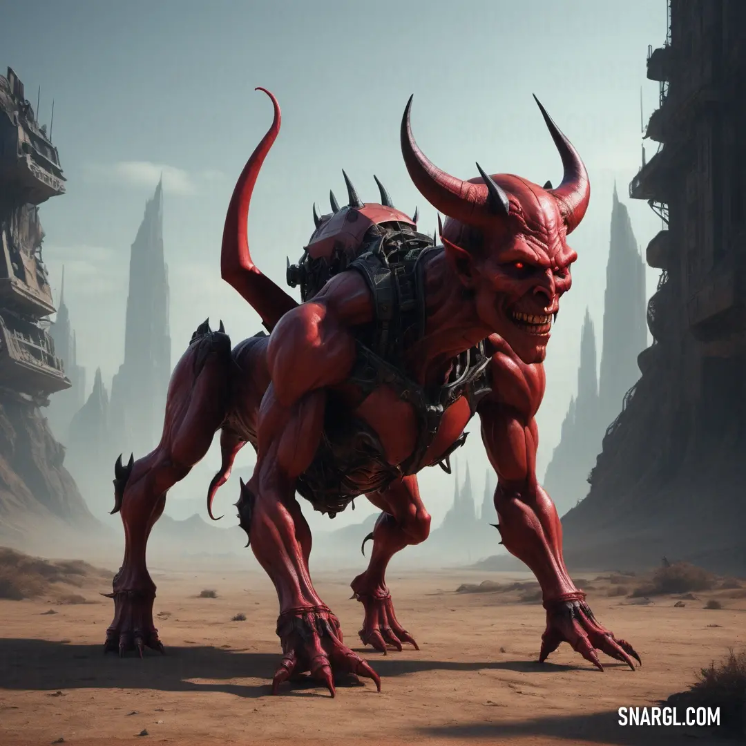 Demonic creature with horns and spikes on its head in a desert landscape with a city in the background