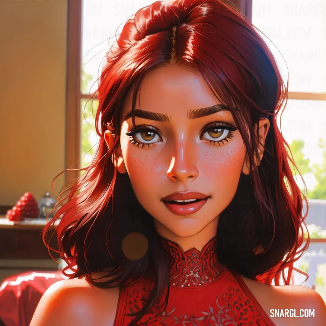 Digital painting of a woman with red hair and blue eyes wearing a red dress