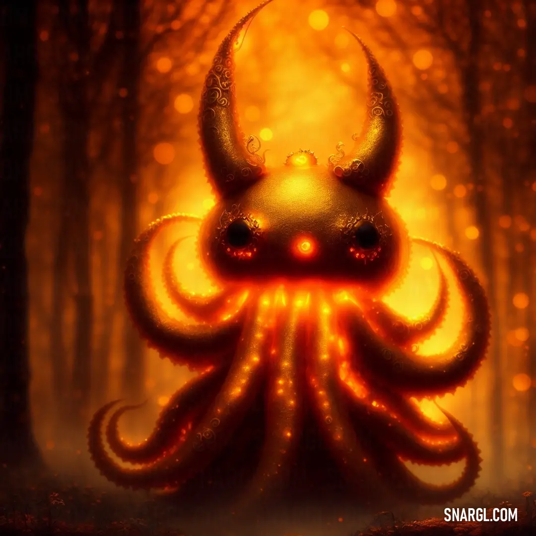 Digital painting of an octopus with a glowing head and eyes in a forest with trees and lights in the background