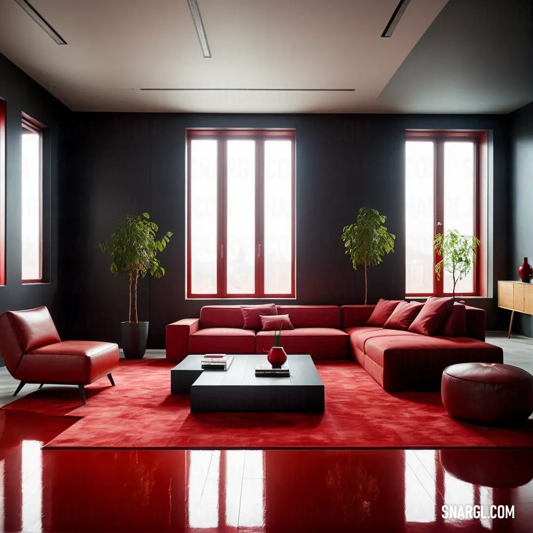 Living room with a red rug and a red couch and chair and a coffee table and a window. Example of CMYK 0,85,85,30 color.