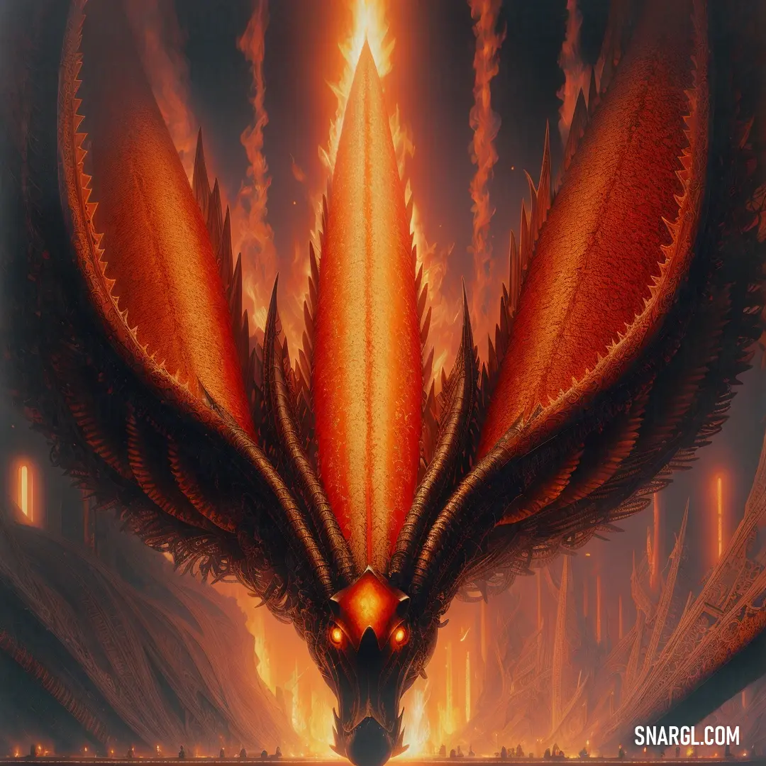 Painting of a dragon with orange wings and a red flame in the background of a city with tall buildings