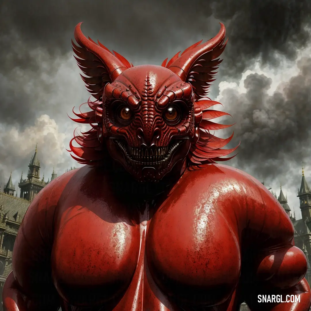 Red demon with big eyes and a huge body in front of a castle with a dark sky in the background