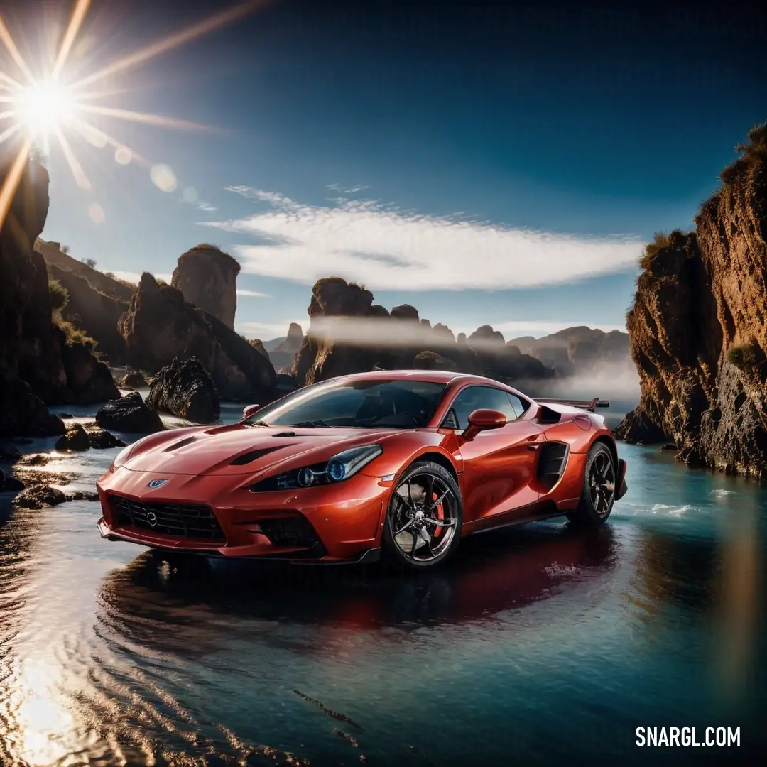 Red sports car driving on a river near mountains and rocks in the sun light. Color CMYK 0,85,85,30.