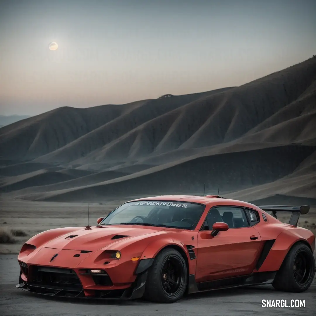 Red sports car parked in a desert area with a full moon in the background and a mountain range in the distance