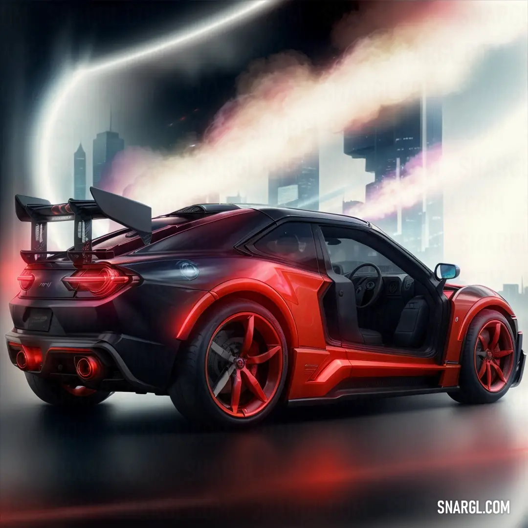 Red sports car with a bright light coming from the back of it's door and a city in the background. Example of #B31B1B color.